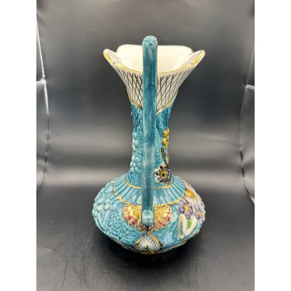 H Bequet Quaregnon Hand Painted Blue Gold Trim Pitcher Vase Belgium Anemone - Picture 6 of 10